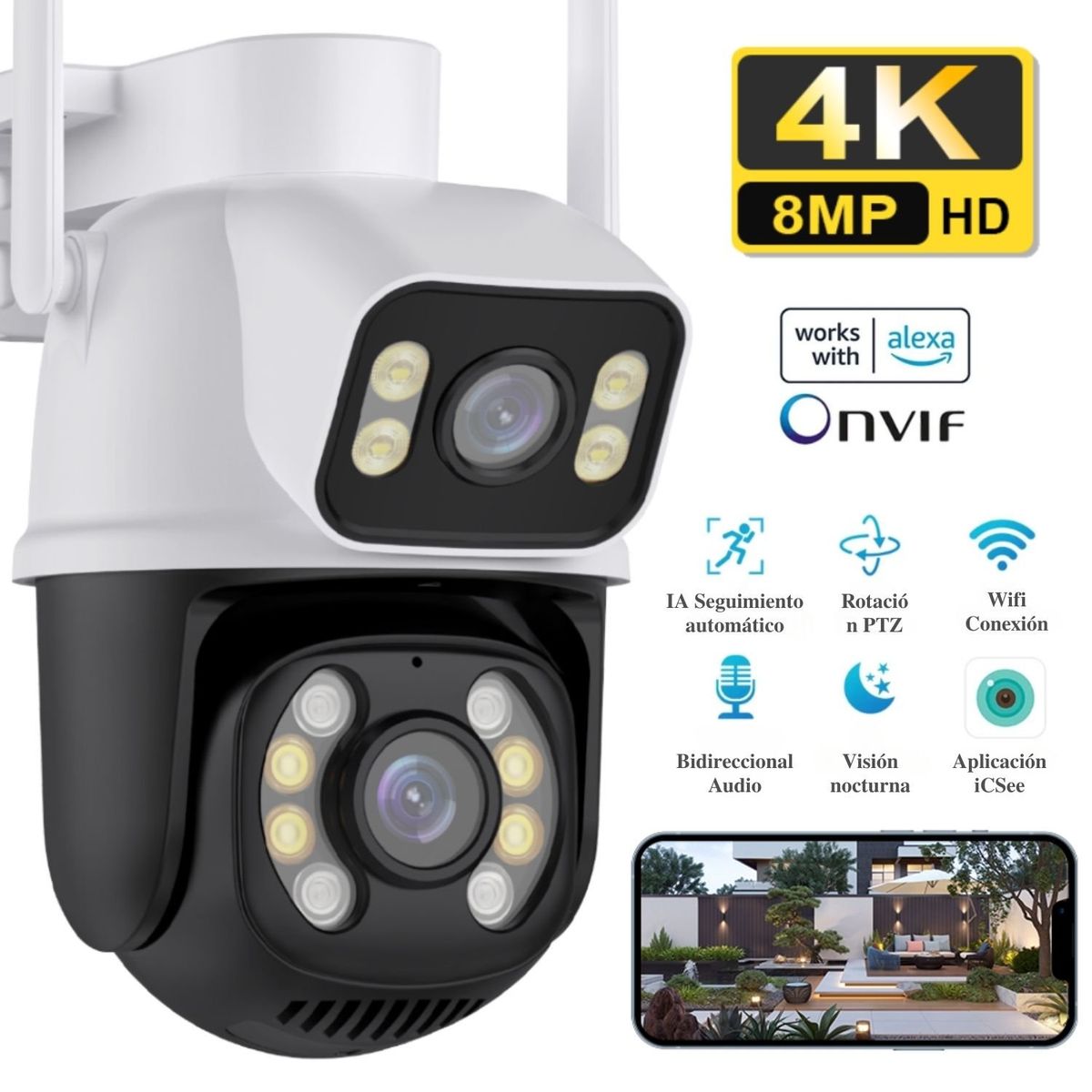 OEM - Camara de Seguridad WIFI PTZ Doble Lente 4k 360 Exterior Alarma