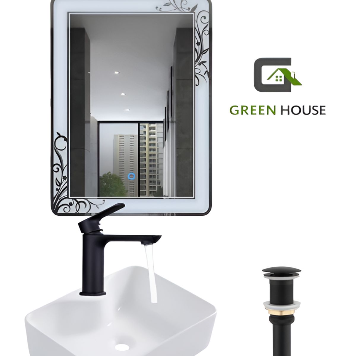 GREEN HOUSE - COMBO DE LAVATORIO CUADRADO MEZCLADORA  ESPEJO LED Y DESAGUE