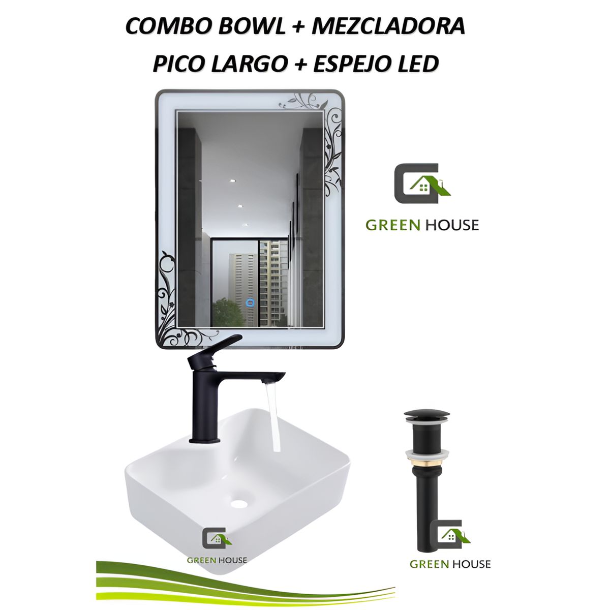 GREEN HOUSE - COMBO DE LAVATORIO CUADRADO MEZCLADORA  ESPEJO LED Y DESAGUE
