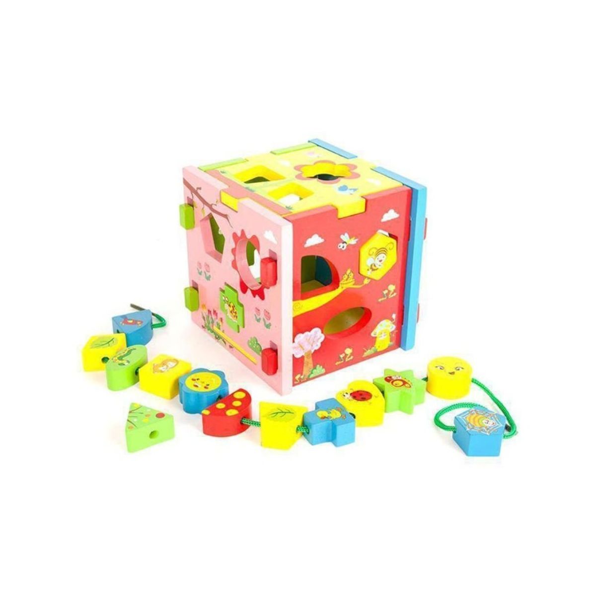 GENERICO - Juego Didáctico 2 en 1 Cubo Arcoíris Enhebrado y Encaje para Motricidad Fina