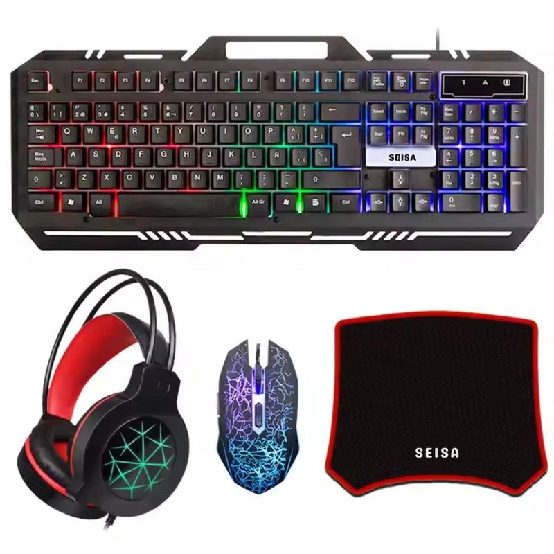 GENERICO - Combo Gamer 4 en 1 Teclado+Mouse+Audífonos+Pad Mouse RGB Seisa