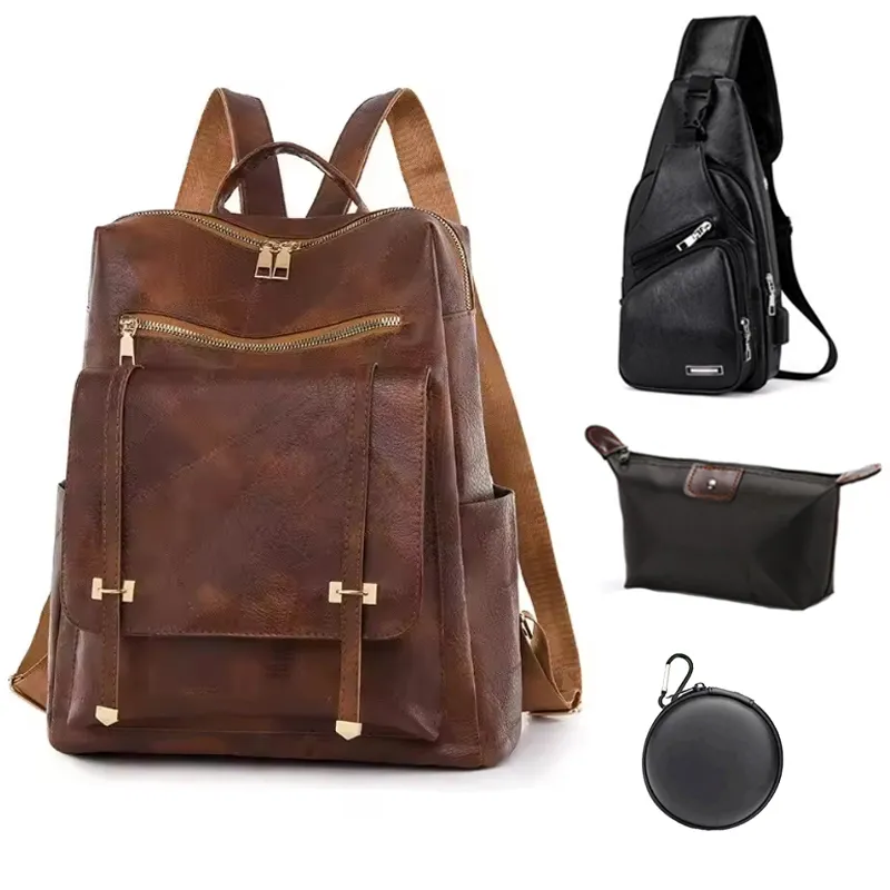 OVOTOUMI - 4 en 1 Mochila Cartera Bolso Juvenil de Mujer Impermeable SH -Marrón