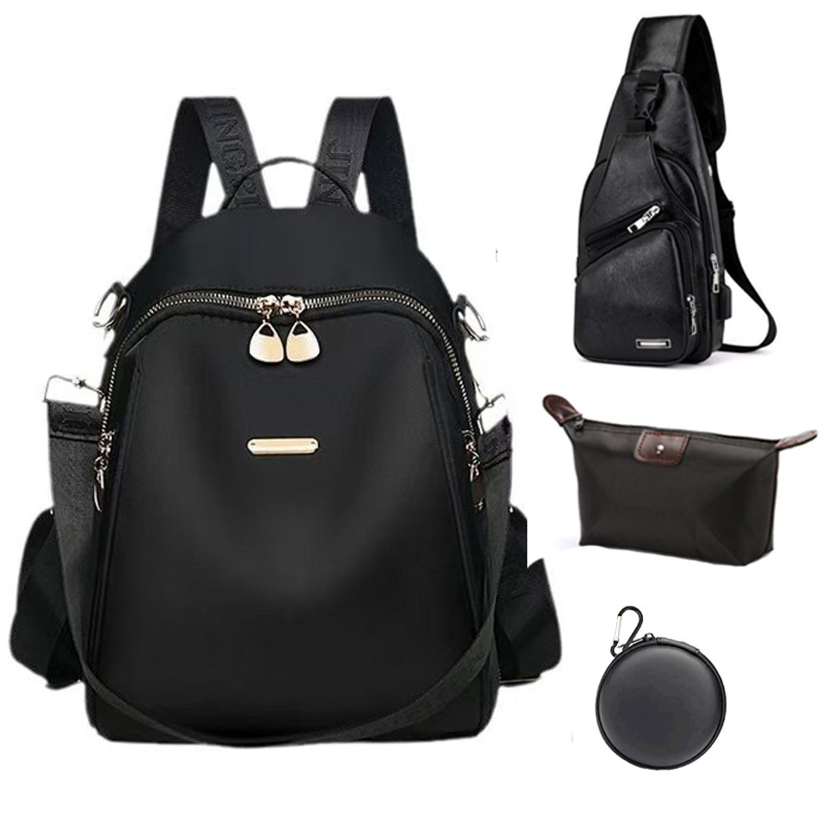 OVOTOUMI - 4 en 1 Mochila Cartera Bolso Juvenil de Mujer Impermeable TS-Negro