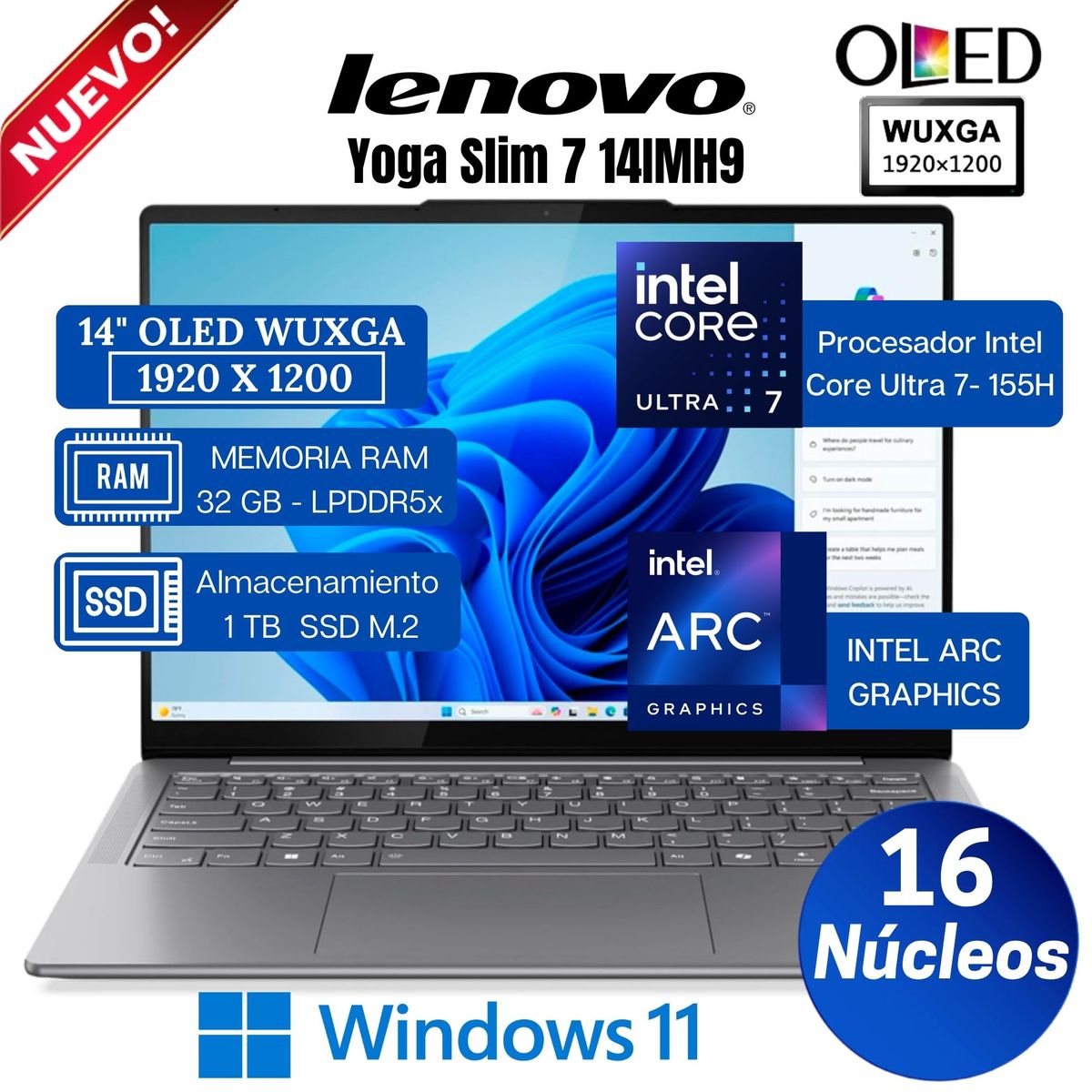 LENOVO - Laptop Lenovo Yoga Slim 7 14IMH9 14" WUXGA OLED, Core Ultra 7 155H, Ram 32GB, Ssd 1 TB, Win 11