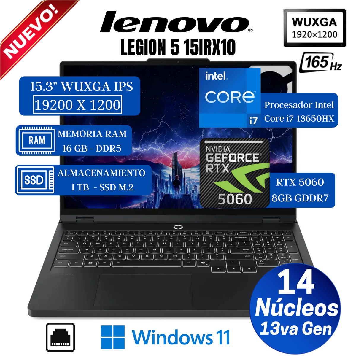 LENOVO - Laptop Lenovo Legion 5 15IRX10 15.3” WUXGA IPS, Core i7-13650HX, Ram 16GB, Ssd 1TB, Rtx 5060, Win 11