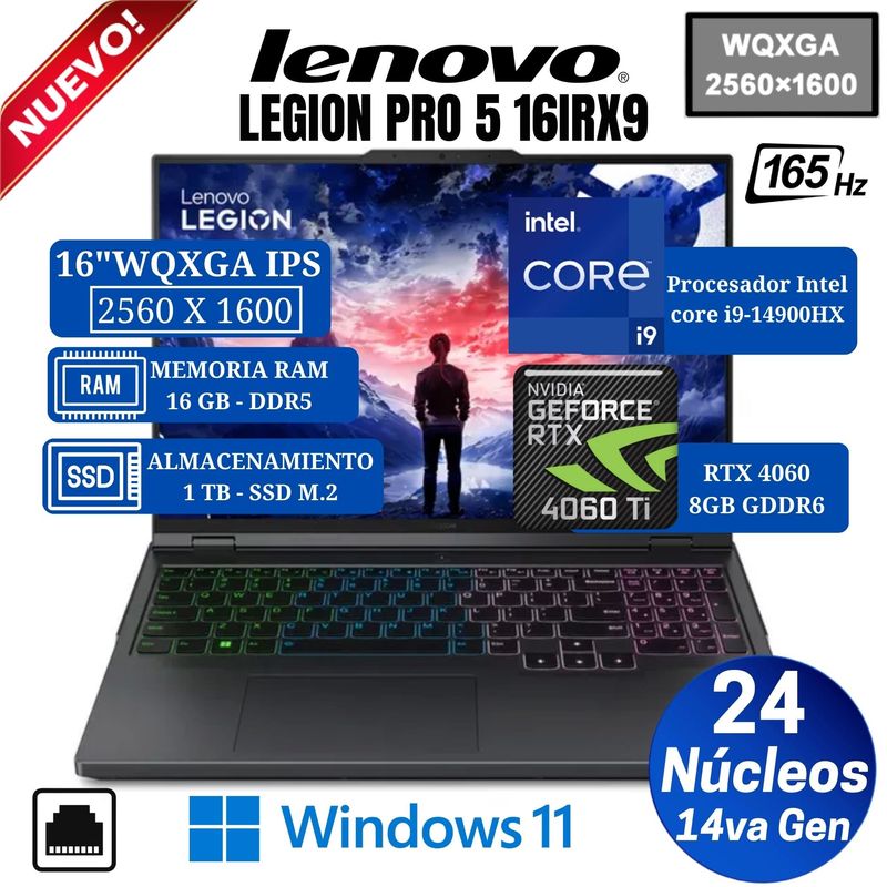 LENOVO - Laptop Lenovo Legion Pro 5 16IRX9 16” WQXGA, Core i9-14900HX, Ram 16GB, Ssd 1 TB, Rtx 4060, Win 11