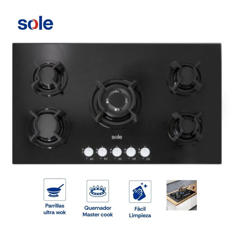 SOLE - Cocina Empotrada Sole Vidrio Templado de 5 Hornillas 86 cm SOLCO033