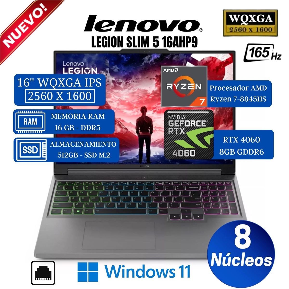 LENOVO - Laptop Lenovo Legion Slim 5 16AHP9 16” WQXGA, Ryzen 7-8845HS, Ram 16GB, SSD 512GB, RTX 4060 8GB, Win11