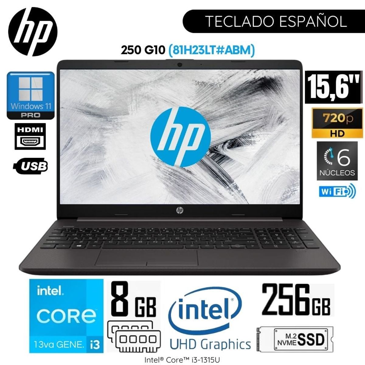 HP - Laptop HP 250 G10 Intel Core i3-1315U 8GB RAM 256GB SSD 15.6 Pulg. HD (81H23LT#ABM)