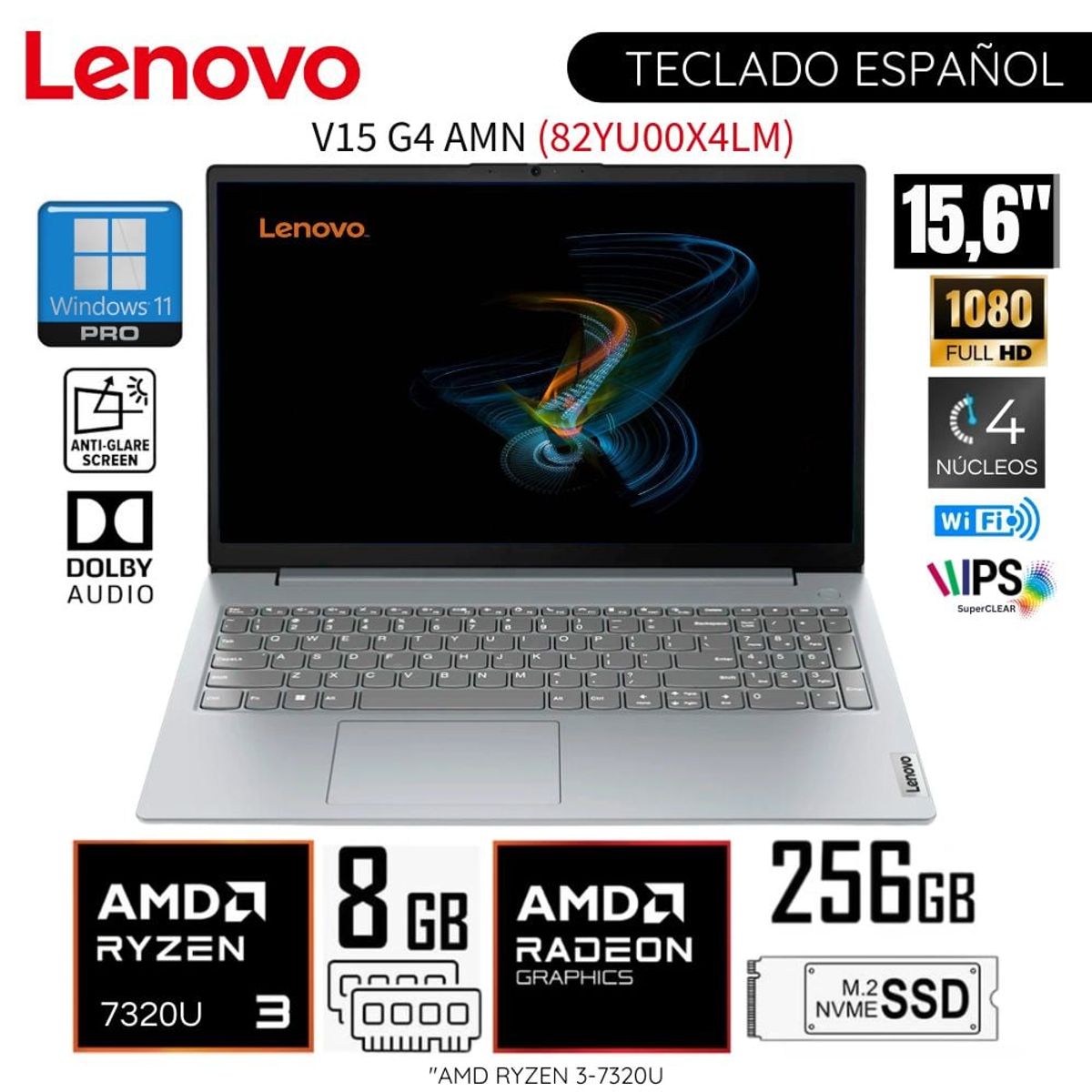 LENOVO - Laptop Lenovo V15 G4 AMN AMD Ryzen 3 7320U 8GB RAM 256GB SSD 15.6" FHD 82YU00X4LM - Arctic Grey