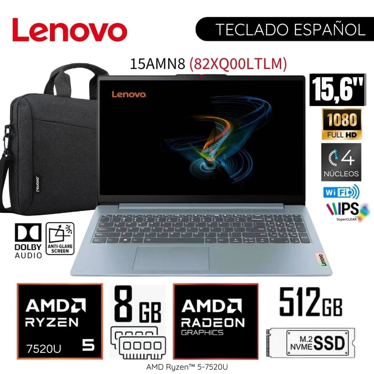 LENOVO - Laptop Lenovo Slim 3 15AMN8 AMD Ryzen 5-7520U 8GB RAM 512GB SSD 15.6"  FHD 82XQ00LTLM WIN11+ MALETIN