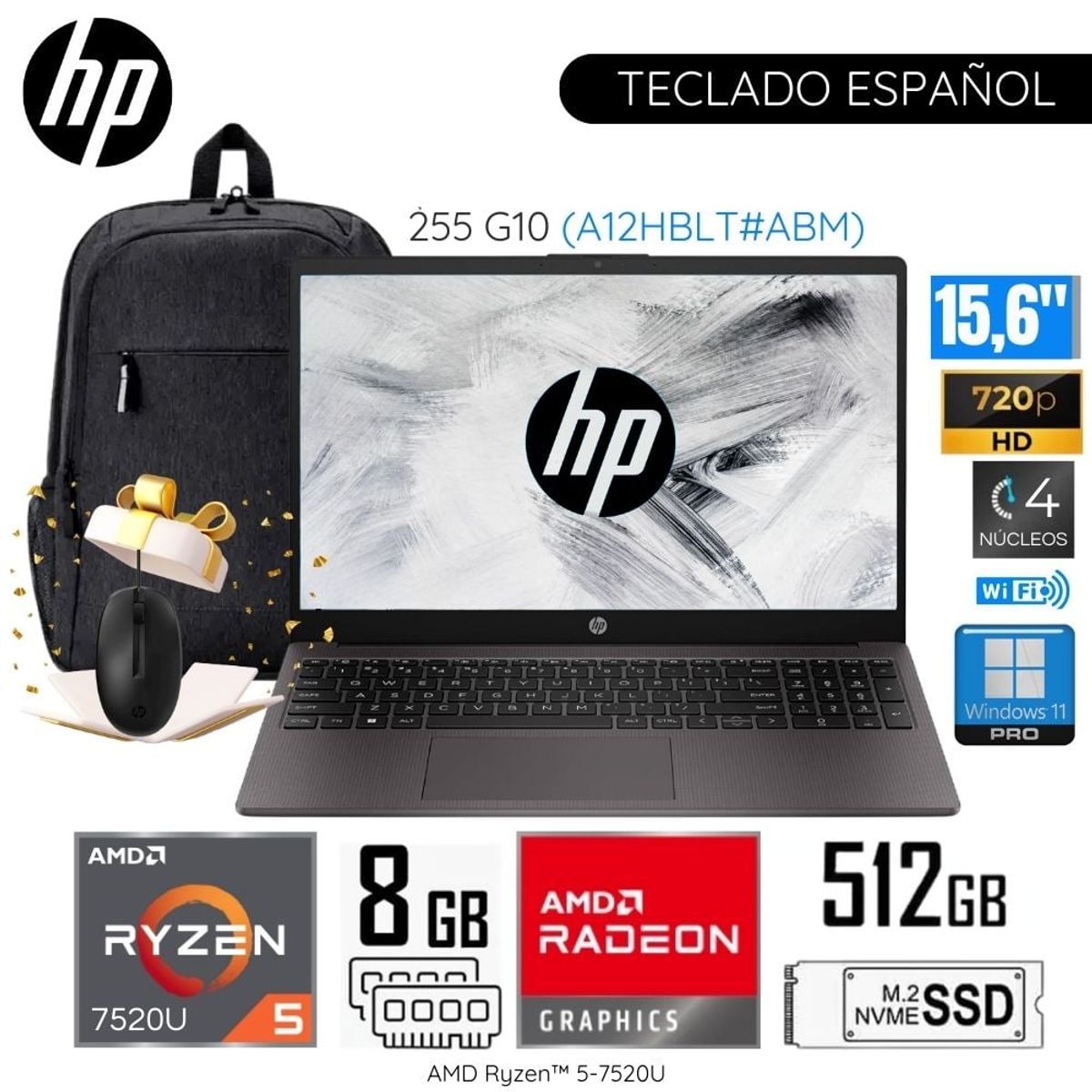 HP - Laptop HP 255 G10 (A12HBLT#ABM) AMD Ryzen5-7520U 8GB RAM 512GB SSD 15.6" HD + Mochila y Mouse HP