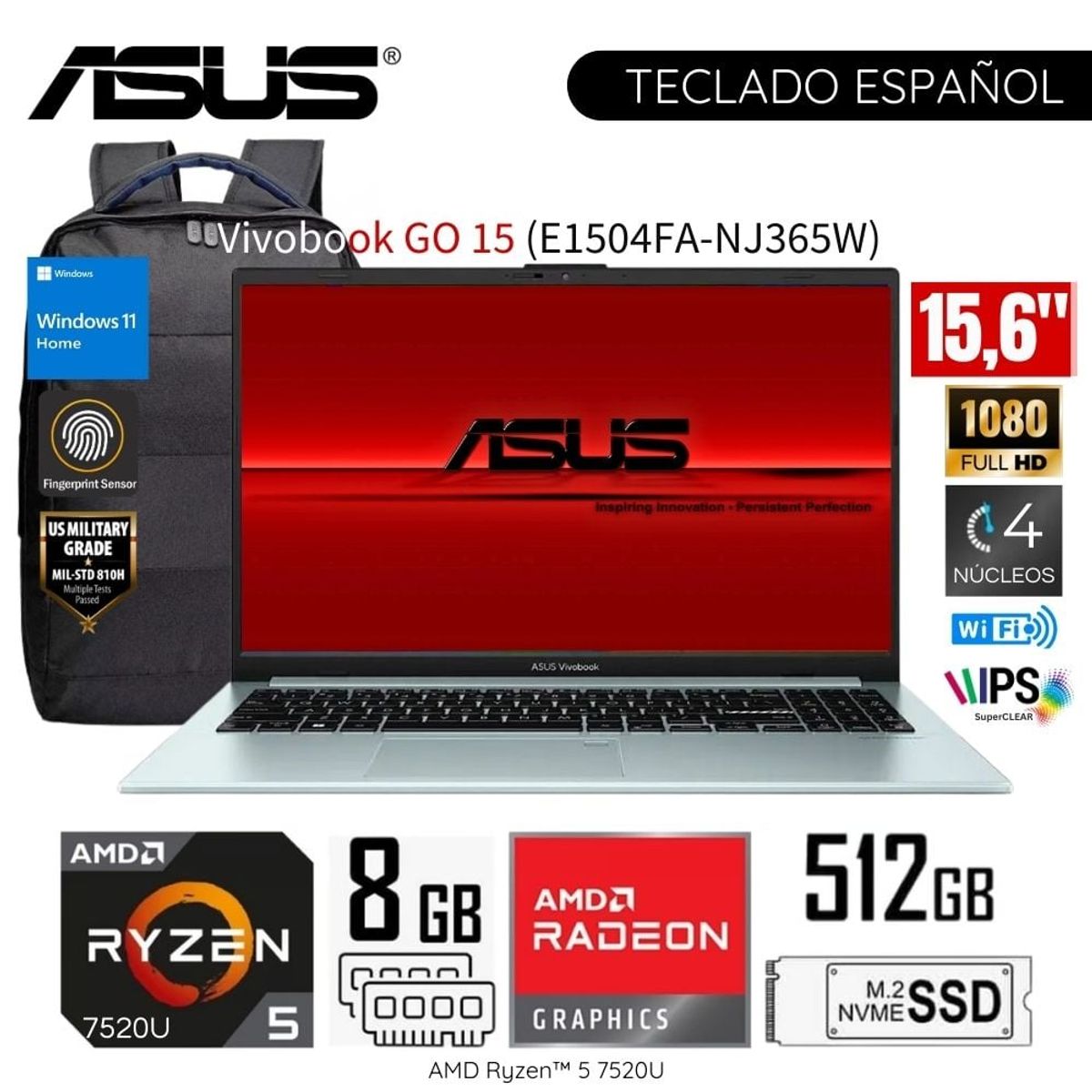 ASUS - Laptop Asus VivaBook Go E1504FA-NJ365W AMD Ryzen5-7520U 8GB RAM 512GB RAM 15.6"  FHD+Mochila y Mouse