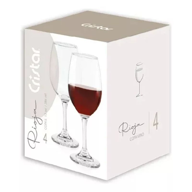 CRISTAR - 4 Copa Rioja Vino De Cristal Capacidad 386 Ml 13 Oz Cristar