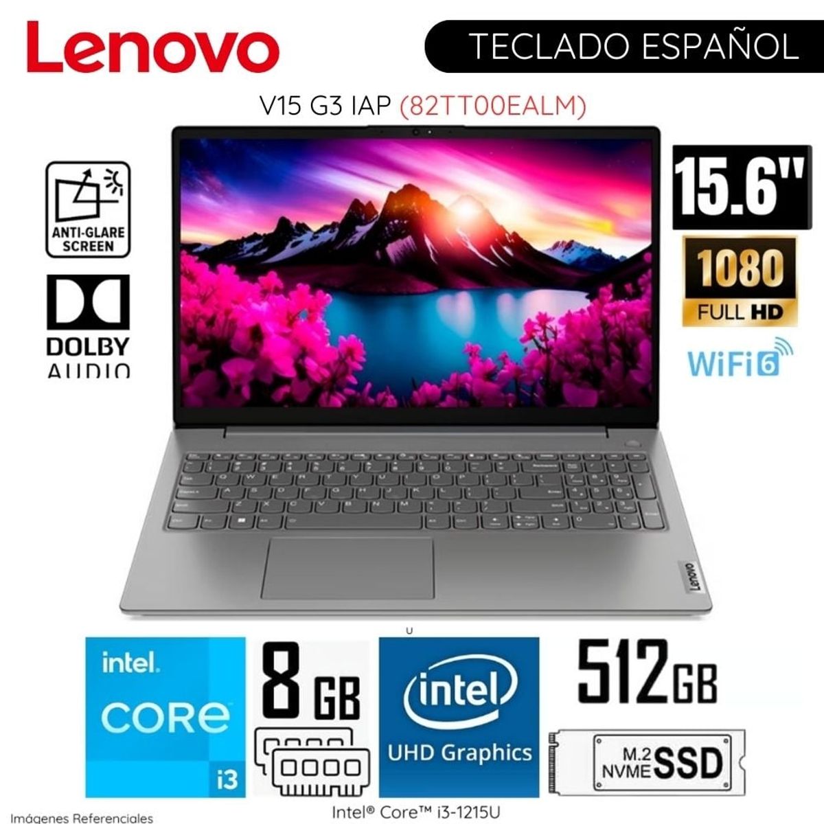 LENOVO - Laptop Lenovo V15 G3 IAP Intel Core i3 1215U 8GB RAM 512GB SSD 15,6 Pulg FHD - 82TT00EALM
