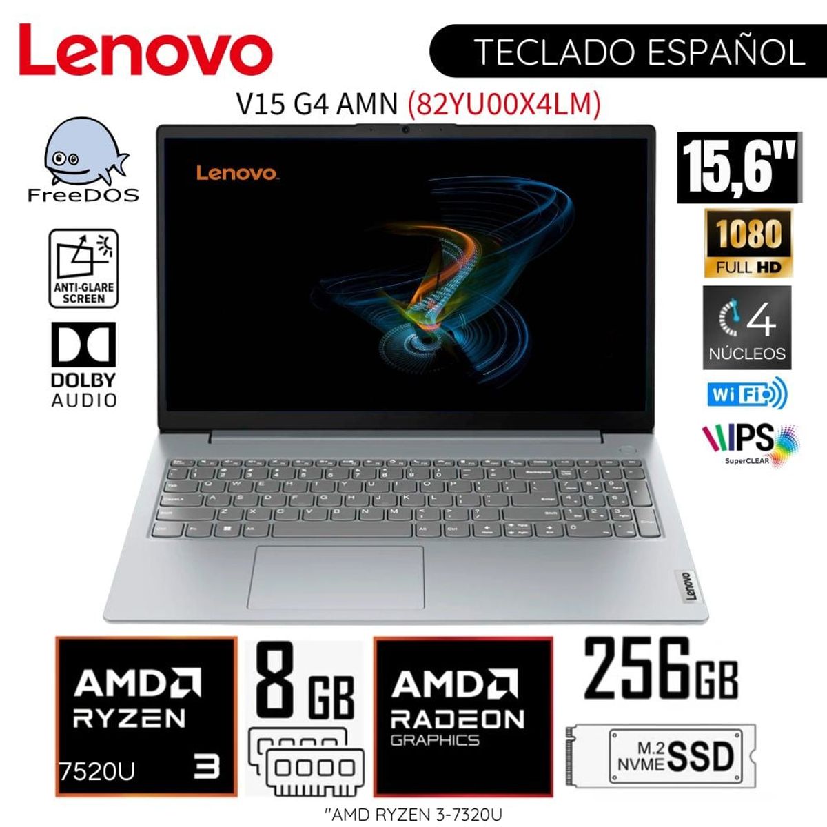 LENOVO - Laptop Lenovo V15 G4 AMN AMD Ryzen 3 7320U 8GB RAM 256GB SSD 15.6" FHD 82YU00X4LM - Arctic Grey