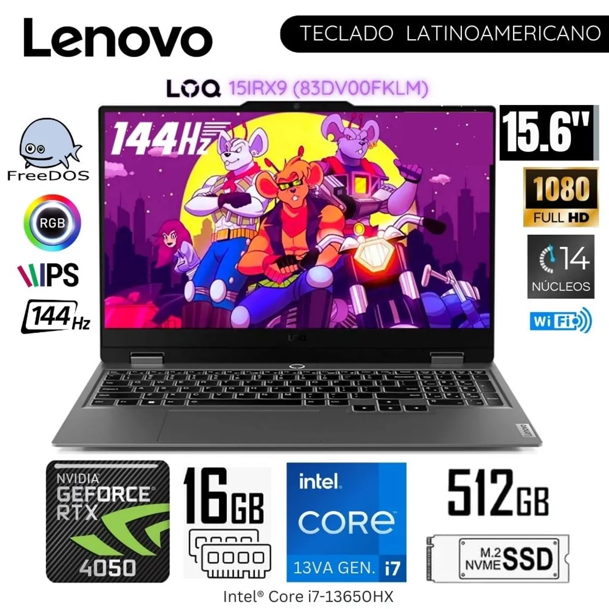 LENOVO - Laptop Lenovo LOQ 15IRX9 Intel Corei7-13650HX 16GB RAM 512GB SSD 156 FHD RTX4050-6GB 83DV00FKLM