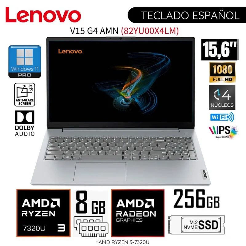 LENOVO - Laptop Lenovo V15 G4 AMN AMD Ryzen 3 7320U 8GB RAM 256GB SSD 15.6" FHD 82YU00X4LM - Arctic Grey
