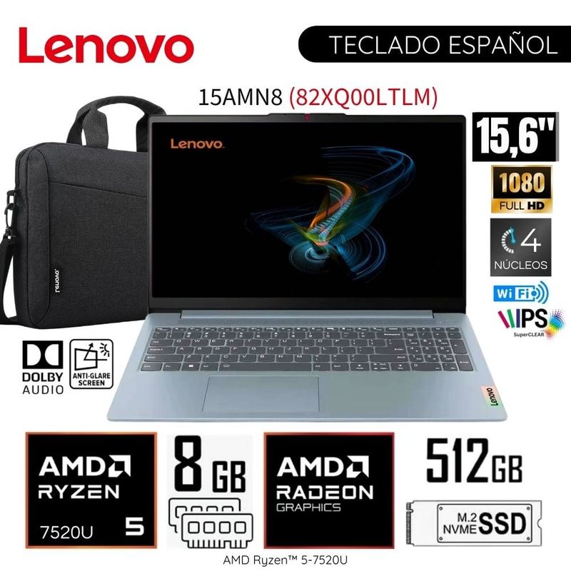 LENOVO - Laptop Lenovo Slim 3 15AMN8 AMD Ryzen 5-7520U 8GB RAM 512GB SSD 15.6"  FHD 82XQ00LTLM WIN11+ MALETIN