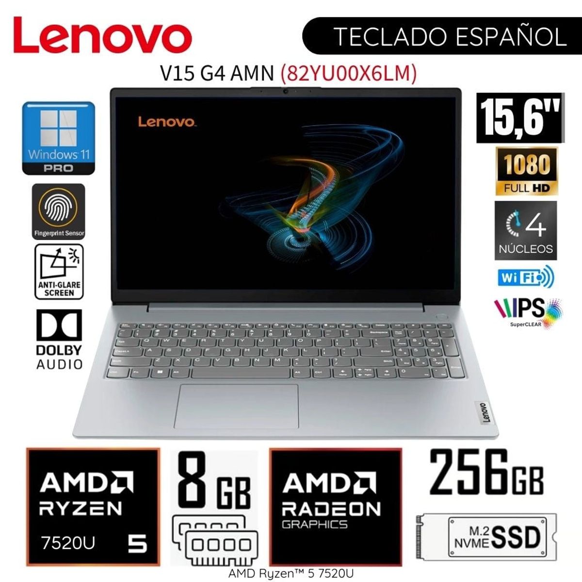 LENOVO - Laptop Lenovo V15 G4 AMN AMD Ryzen 5-7520U 8GB RAM 256GB SSD 156 FHD 82YU00X6LM
