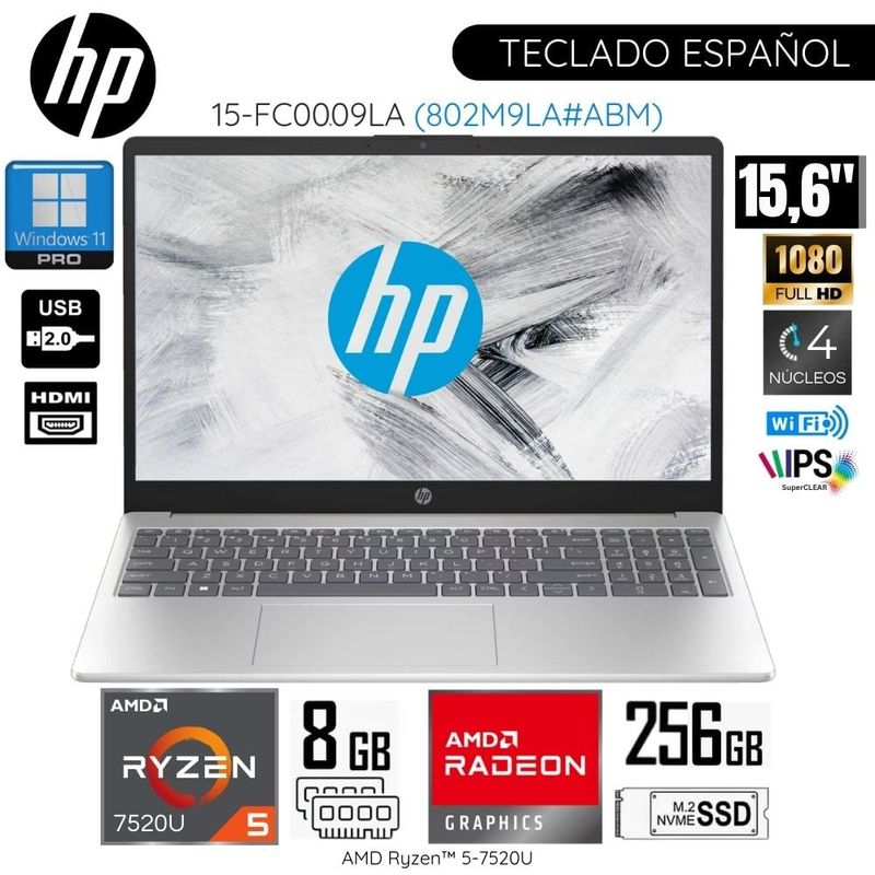 HP - Laptop HP 15-FC0009LA AMD Ryzen 5-7520U 8GB RAM 256GB SSD 15.6"   FHD - Silver