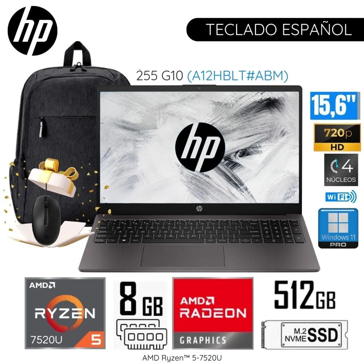 HP - Laptop HP 255 G10 (A12HBLT#ABM) AMD Ryzen5-7520U 8GB RAM 512GB SSD 15.6" HD + Mochila y Mouse HP