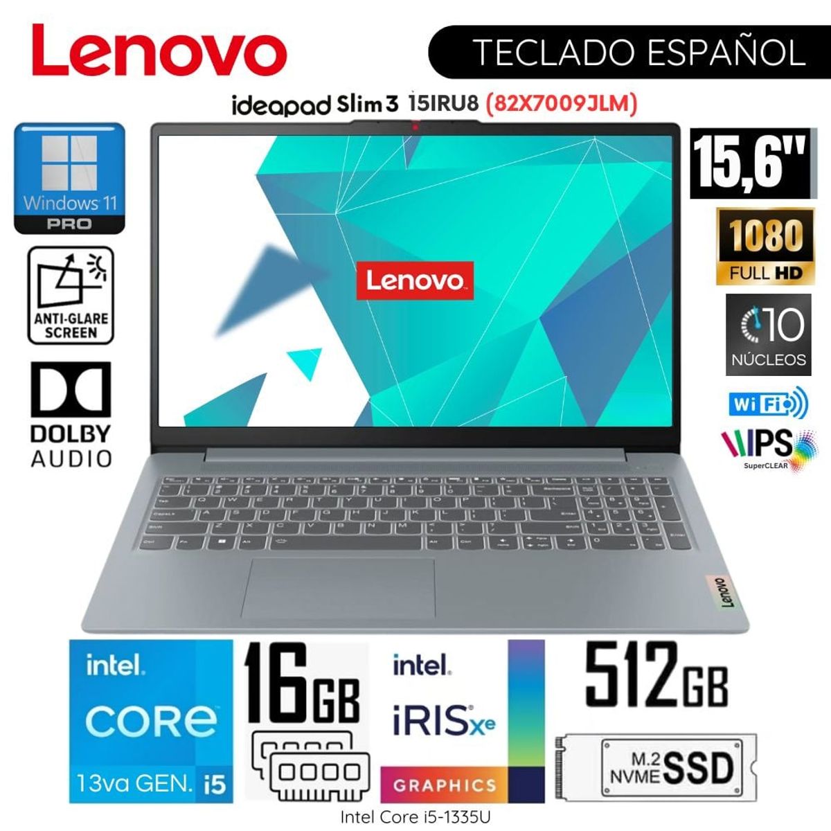 LENOVO - Laptop Lenovo Ideapad Slim 3 15IRU8 Intel Core i5-1335U 16GB RAM 512GB SSD 15.6" FHD - 82X7009JLM