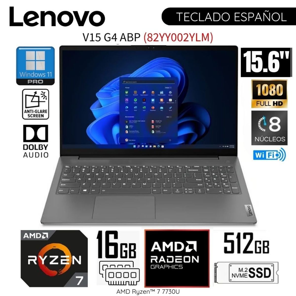 LENOVO - Laptop Lenovo V15 G4 ABP AMD Ryzen 7-7730U RAM 16GB SSD 512GB 15.6"  FHD - 82YY002YLM