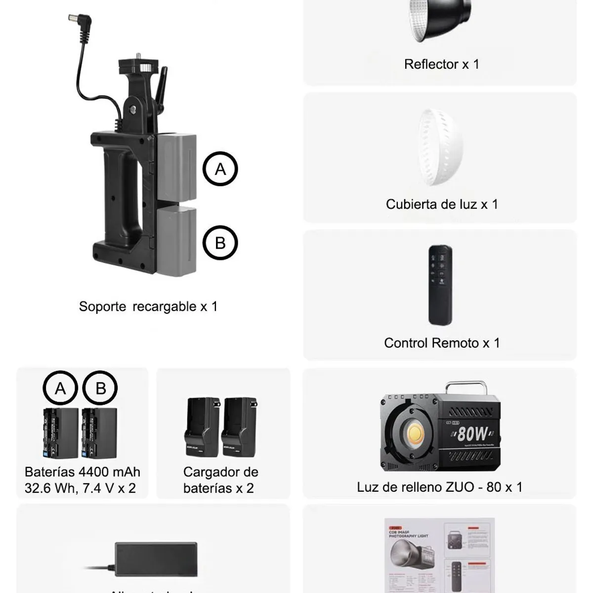 OEM - Luz LED COB 80W 2800K – 7500 K con soporte recargable y doble batería con cargador NP- F750/ F770