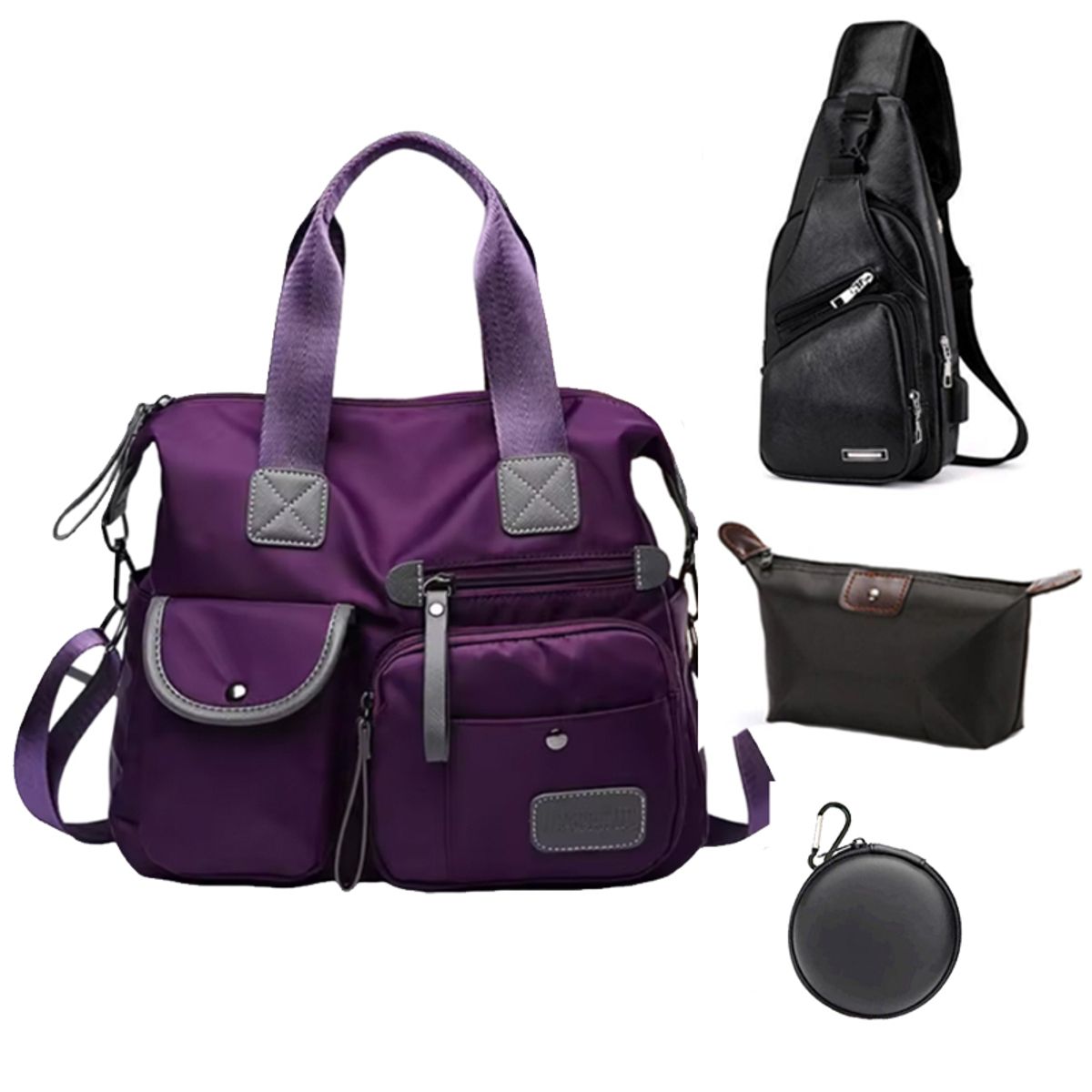 OVOTOUMI - 4 en 1 Mochila Cartera Bolso Juvenil de Mujer Impermeable TX-Morado