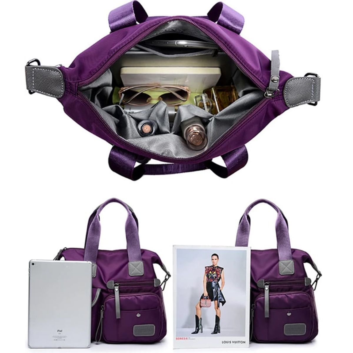 OVOTOUMI - 4 en 1 Mochila Cartera Bolso Juvenil de Mujer Impermeable TX-Morado