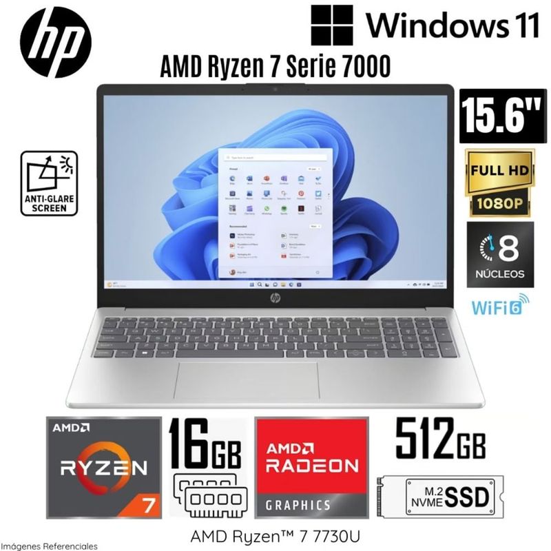 HP - Laptop HP 15-FC0013la AMD Ryzen 7-7730U 16GB RAM 512GB SSD 15.6"  FHD Windows 11 Home