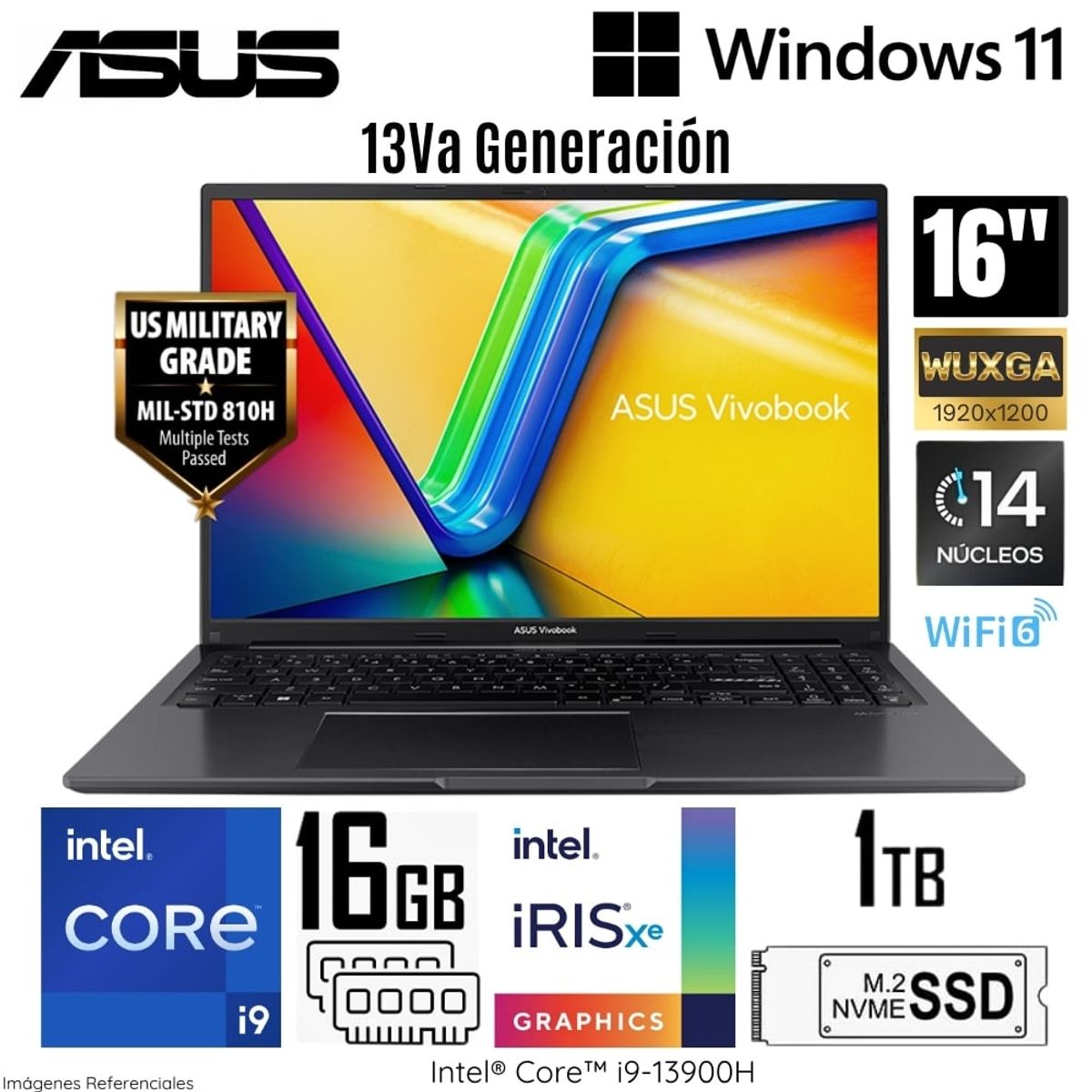 ASUS - Laptop Asus Vivobook 16 X1605VA-MB195 Intel Core i9-13900H 16GB RAM 1TB SSD 16" WUXGA Indie Black