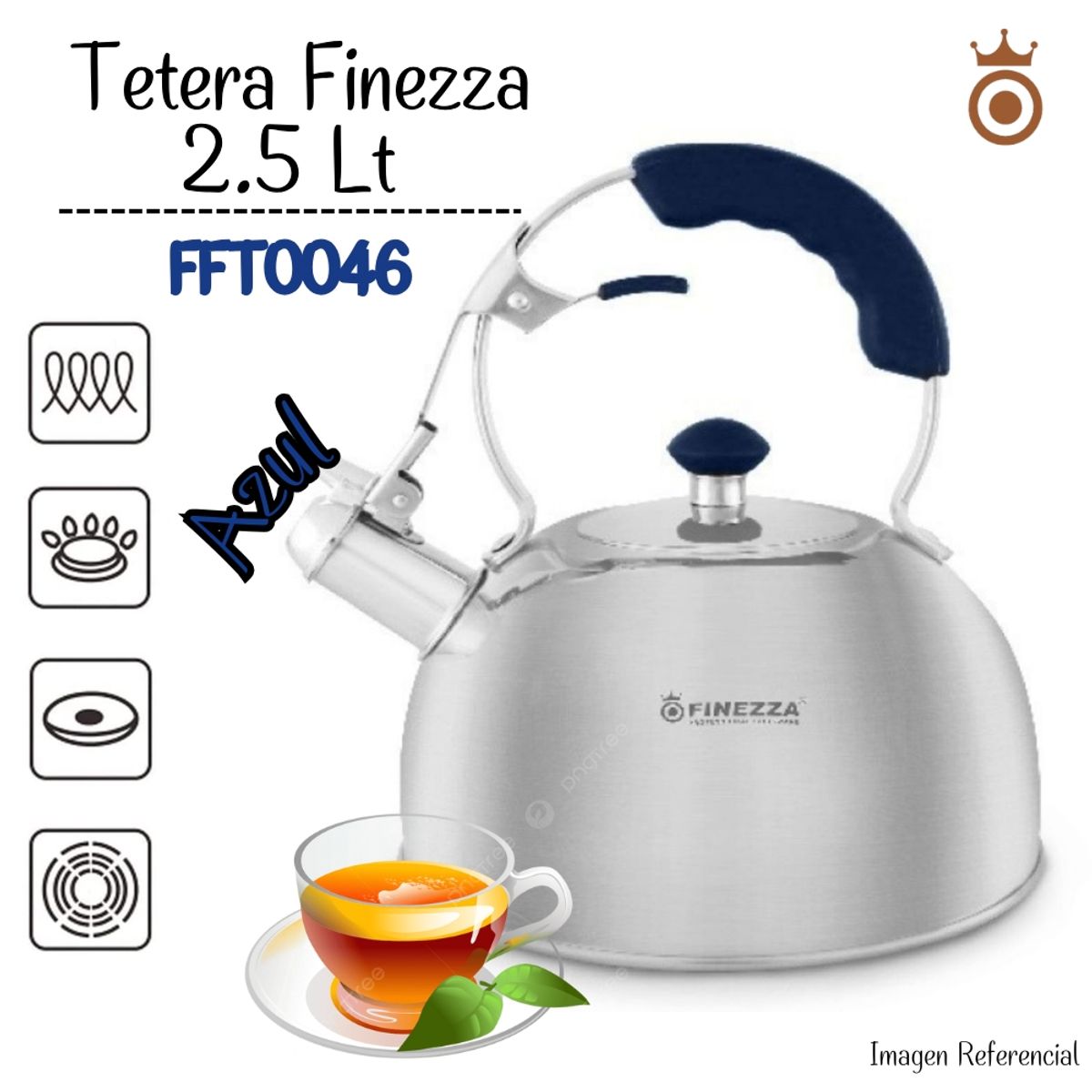 FINEZZA - Tetera Finezza FF-T0046 Acero Inoxidable Azul de 2.5 Litros