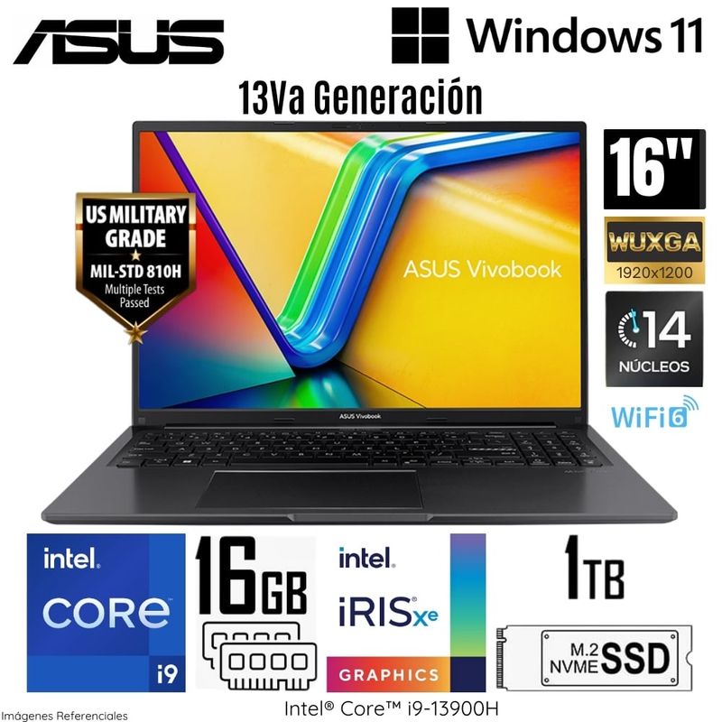 ASUS - Laptop Asus Vivabook 16 X1605VA-MB195 Intel Core i9-13900H 16GB RAM 1TB SSD 16" WUXGA Indie Black