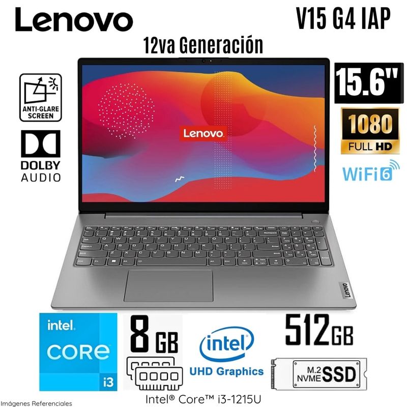 LENOVO - Laptop Lenovo V15 G3 IAP Intel Core i3 12Va Generación 8GB RAM 512GB SSD 15.6 FHD 82TT00CVLM