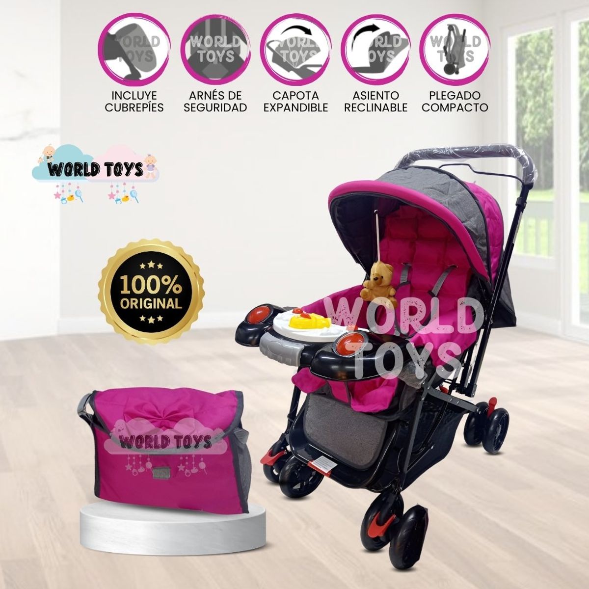 BABY - Coche Cuna con Bolso Pañalero «SHABERT II» Pink