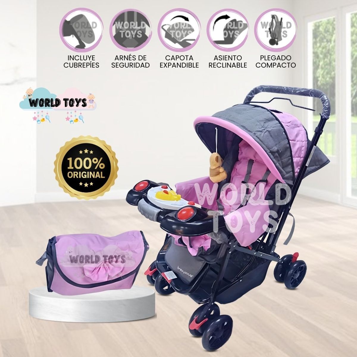 BABY - Coche Cuna con Bolso Pañalero «SHABERT II» Light Pink