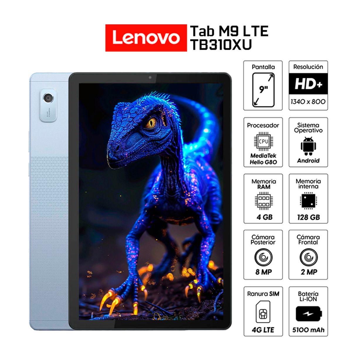 LENOVO - Tablet Lenovo Tab M9 TB310XU 9 HD 4G LTE 4GB 128GB Octa Core Android 13 Folio Case