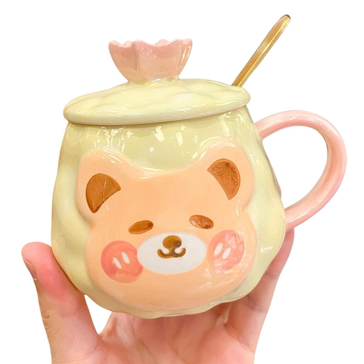 ELMEJORPRECIO - Taza Con Tapa y Cuchara Diseños De Osos Kawaii Beige