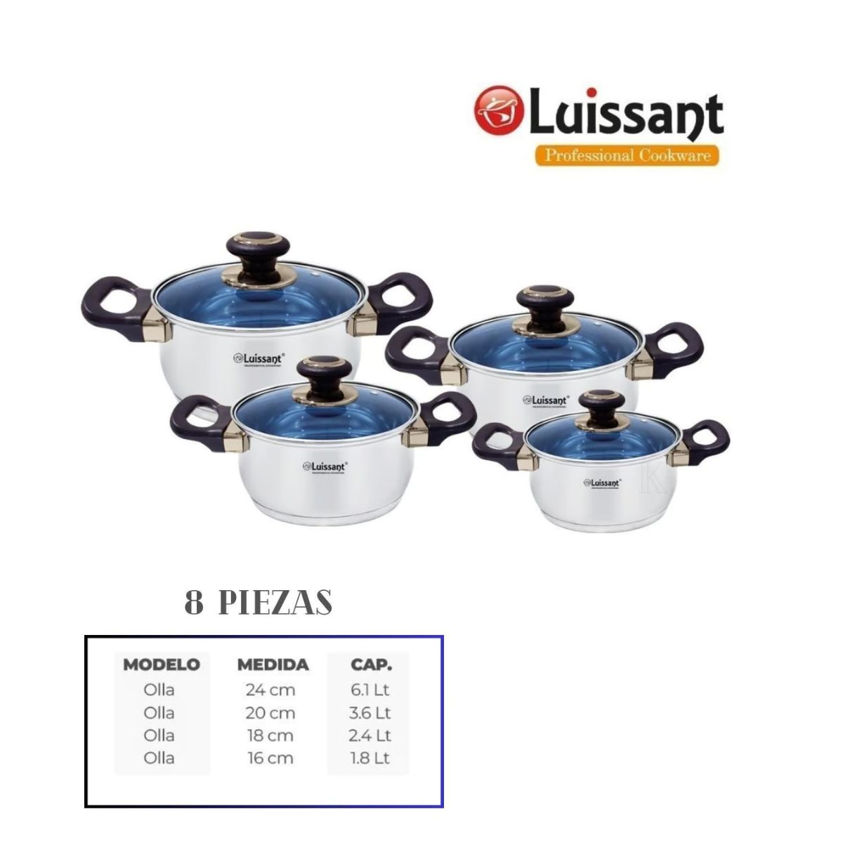 LUISSANT - JUEGO DE OLLAS EN ACERO INOXIDABLE 8 Pzas LUISSANT