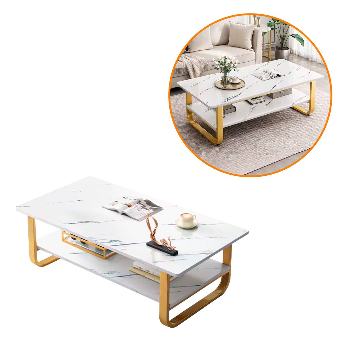 BUYPAL - Mesa de Centro de Dos Niveles con Estante Diseño Moderno Blanco