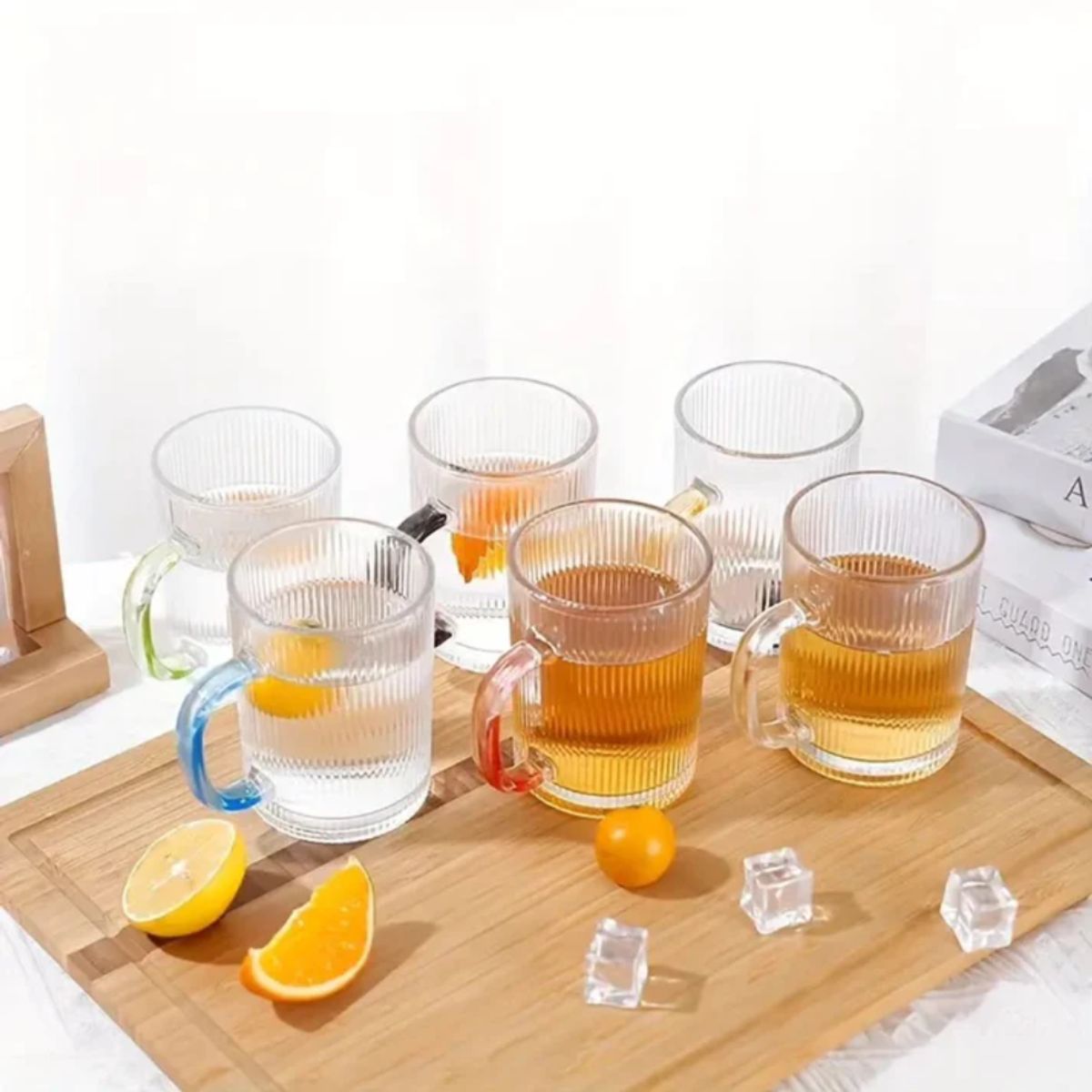 INSPIRA - Set de 6 Tazas Acanaladas de Vidrio Asa de Colores 310 ml