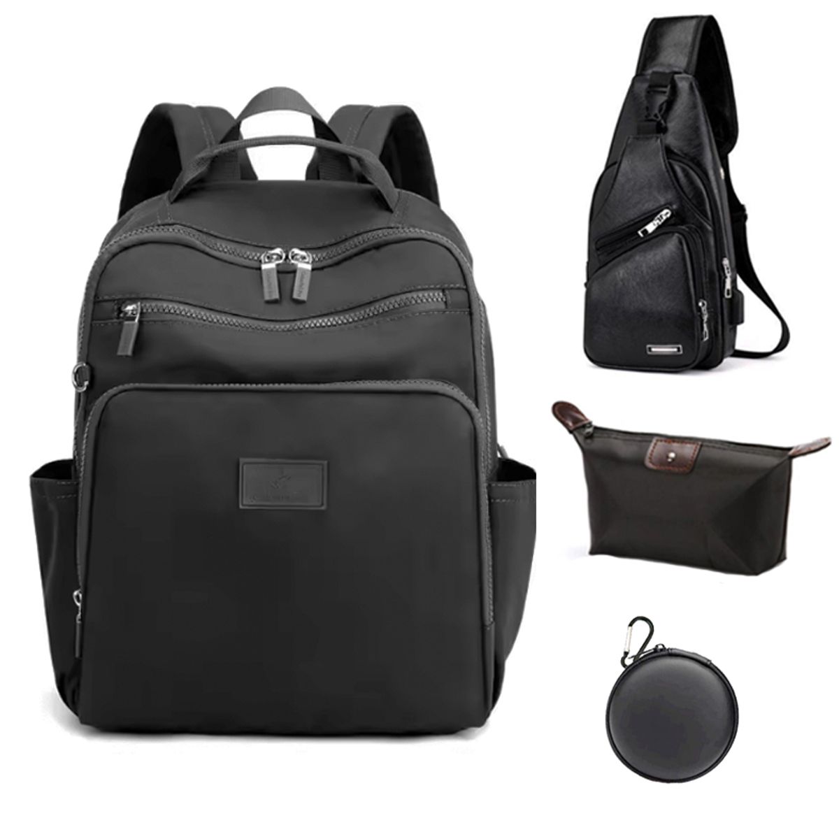 OVOTOUMI - 4 en 1 Mochila Cartera Bolso Juvenil de Mujer Impermeable ZXF-Negro