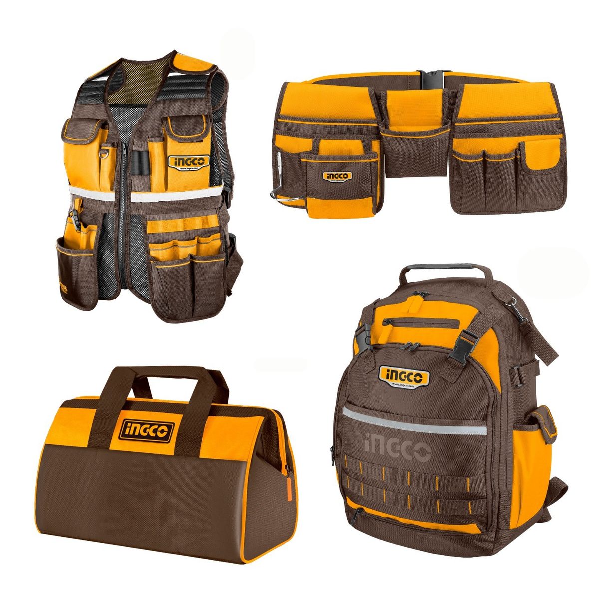 INGCO TOOLS - Kit 4 Porta Herramientas Ingco Chaleco + Mochila + Bolso + Cinturón