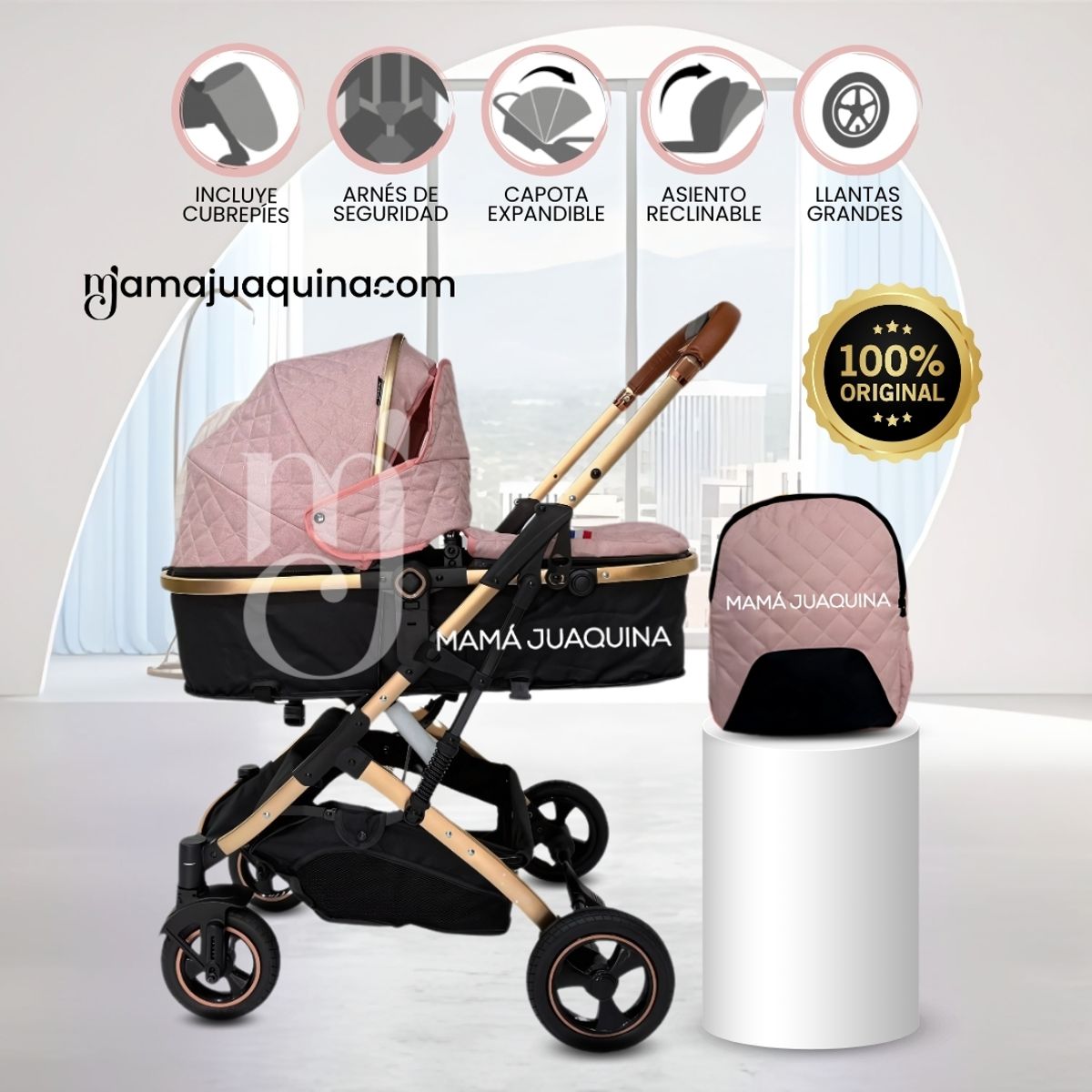 BABY - Coche Moisés de Lujo con Mochila Pañalera «GOLDEN II» Pink