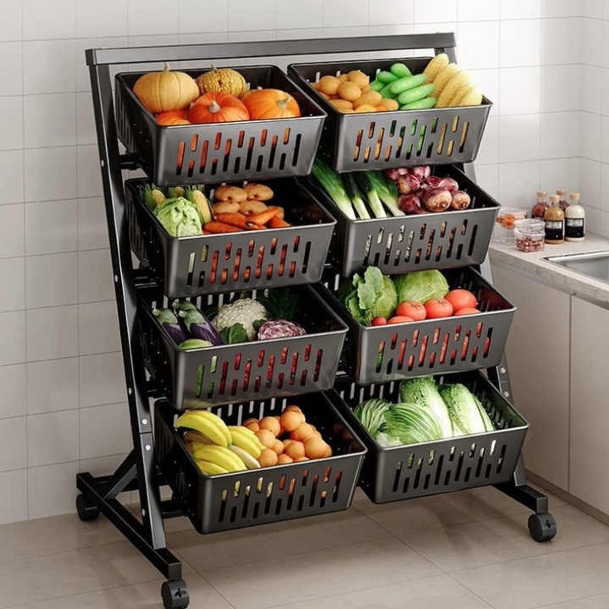 GENERICO - Organizador de cocina para verduras frutas 4 niveles Negro