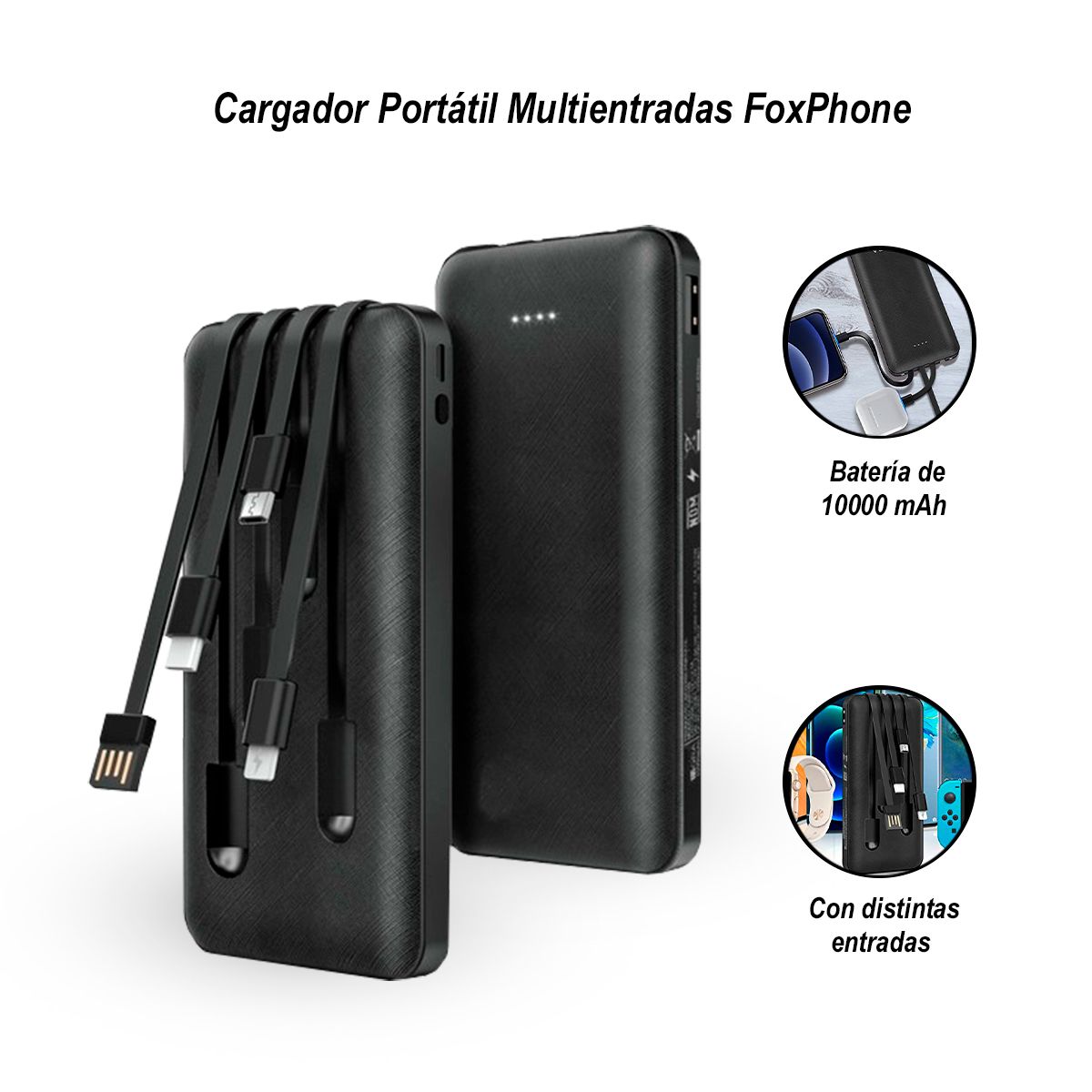 GENERICO - Cargador Portátil Multientradas FoxPhone 10000 mAh Negro