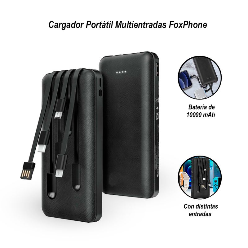 GENERICO - Cargador Portátil Multientradas FoxPhone 10000 mAh Negro