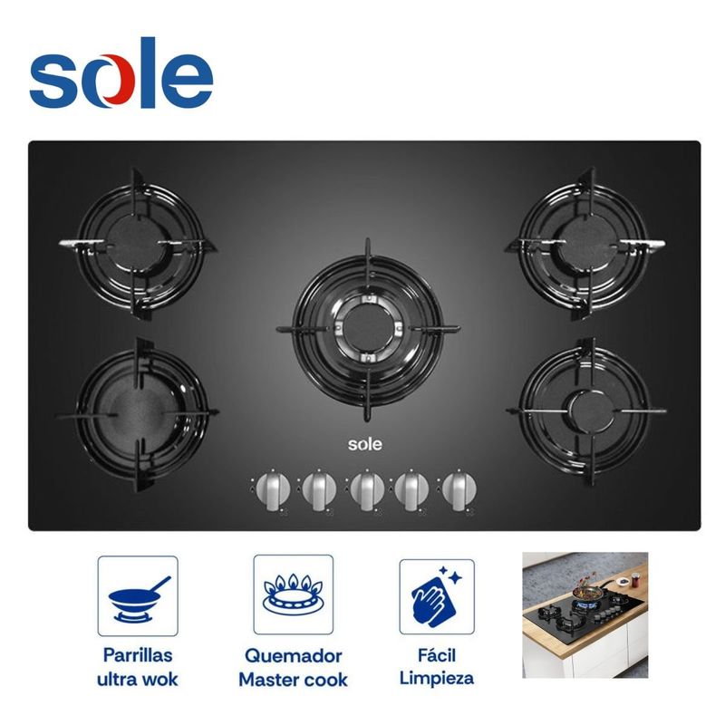 SOLE - Cocina Empotrable Sole Vidrio Templado de 5 Hornillas 86 cm SOLCO033